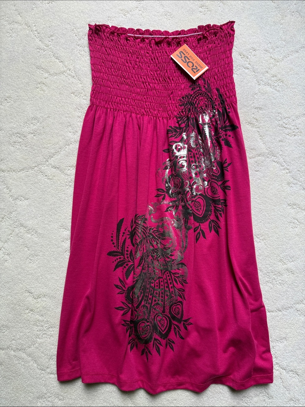 Pink Strapless Smocked Black & Silver Print Dress, Juniors OneSizeFitsAll, NWT